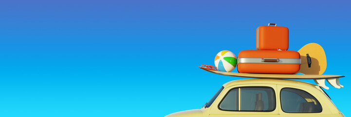 Retro small car with a surfboard and travel suitcases in front of a blue sky background