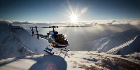 Helicopter flying high in the mountains. A helicopter flies in the sky. Generative AI. View of a flying helicopter. Adventure composite. Beautiful mountain landscape