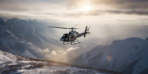 Fototapeta na wymiar Helicopter flying high in the mountains. A helicopter flies in the sky. Generative AI. View of a flying helicopter. Adventure composite. Beautiful mountain landscape