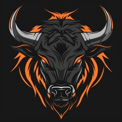 Flat Logo Design of a Bison - Black, Orange, White
