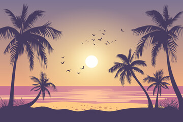 Evening sunset on a paradise beach. Beautiful sandy beach with silhouettes of palm trees. A stunning picture for relaxing on a flat seat. Palm trees at sunset. Summer holidays or holidays.  - obrazy, fototapety, plakaty