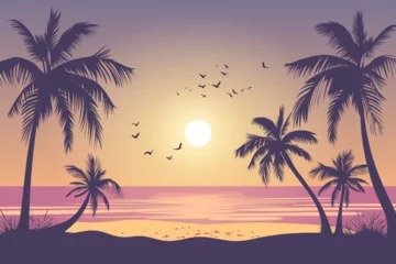 Papier Peint photo Aubergine Evening sunset on a paradise beach. Beautiful sandy beach with silhouettes of palm trees. A stunning picture for relaxing on a flat seat. Palm trees at sunset. Summer holidays or holidays. 