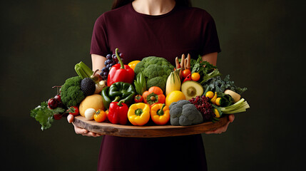the girl is holding a plate with vegetables, fruits, berries, close-up