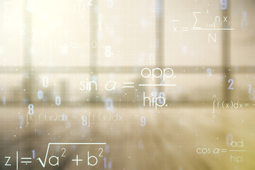 Scientific formula illustration on modern interior background, science and research concept. Multiexposure