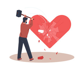 Man breaks big heart with hammer. Relationship breakup. Unhappy guy hitting love symbol. Romance destroy. Damaged amour. Young boyfriend sadness. Lovers feeling crash. Vector concept