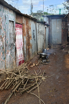 Dirty streets of Kenyan Kibera slum in Nairobi. East Africa