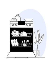 Opened dishwasher loaded with plates, bowls, spoons, forks and other dishes. Closeup kitchen interior linear illustration. Vector illustration