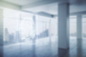 Multi exposure of virtual abstract fingerprint illustration on abstract empty interior background,...