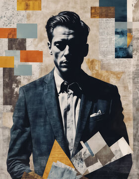 Collage illustration of a man with a sad expression wearing a suit. Concept illustration.