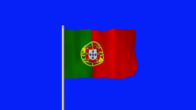 National Flag of Portugal Waving on a Blue Screen