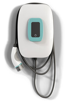 Electric vehicle charging station (wallbox) with European Type 2  IEC 62196 Plug hanging on a wall - isolated on transparent background with shadows. Front view