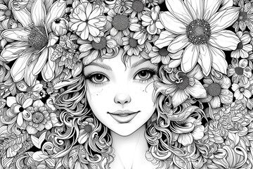 Portrait beautiful girl with flower. Sketch for coloring book - obrazy, fototapety, plakaty