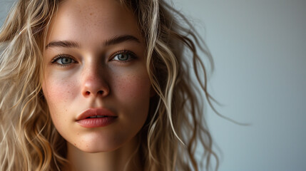 Fototapeta premium Headshot of a young beautiful Caucasian blonde woman on a gray background looking at camera