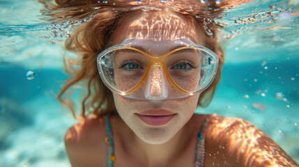Naklejka premium woman in a mask diving underwater, snorkeling, ocean, swimming, coral reef, sea, blue water, beauty, fish, dive, summer, sport, vacation, active
