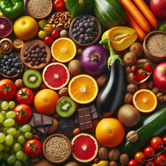 A vibrant display of various fresh fruits, vegetables, nuts, and grains arranged neatly on a surface