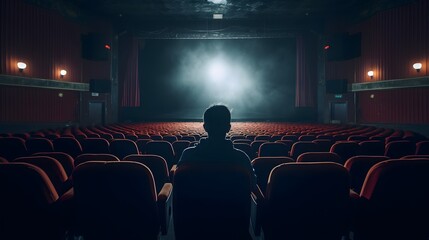 Man sitting in theatre looking at movies in wide shot image