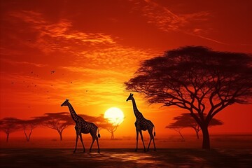 Fototapeta na wymiar Glorious african sunset. majestic giraffes gracefully roaming the golden savannah