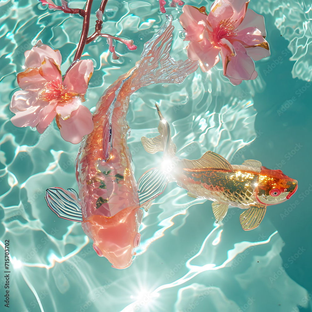 Wall mural Realistic Transparent luxury gold fish in clear water, ornaments, pink, - Wall murals