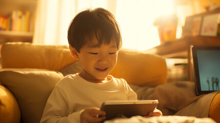 Enfant concentré utilisant une tablette numérique dans un salon lumineux