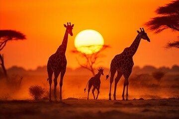 Fototapeta na wymiar Spectacular african savannah sunset with graceful giraffes roaming the scenic landscape