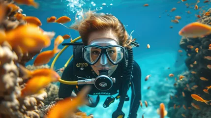 Foto op Plexiglas woman in a mask diving underwater, snorkeling, ocean, swimming, coral reef, sea, blue water, beauty, fish, dive, summer, sport, vacation, active © Julia Zarubina