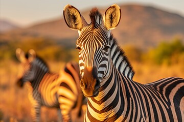 Obraz premium Magnificent herd of majestic zebras roaming freely in the vast african savannah scenic landscape