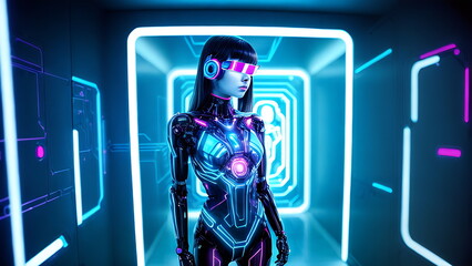 Robot girl in an online cyber game in a neon room