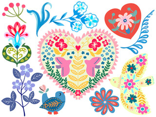 Polish folk art colorful traditional design elements valentine heart, flower, insect, bird, leaves.