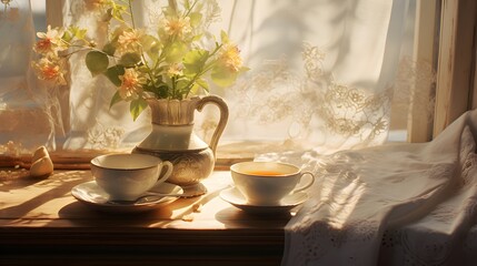 Fototapeta na wymiar Morning Tea Set in Soft Sunlight with Sheer Curtains 