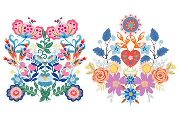 Set of symmetrical ornament with bird, insect, flowers and leaves with different folk compositions.