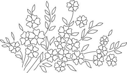 Bouquet of wild flowers in ethnic style. Folk floral print and embroidery pattern. Hand drawing vector illustration. Graphic design of summer flowers. Monochrome black and white design.