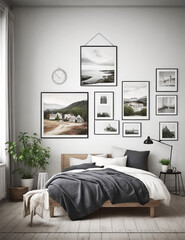living room with bed, Scandinavian farmhouse bedroom interior, poster frame mockup.