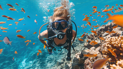 Naklejka na ściany i meble woman in a mask diving underwater, snorkeling, ocean, swimming, coral reef, sea, blue water, beauty, fish, dive, summer, sport, vacation, active