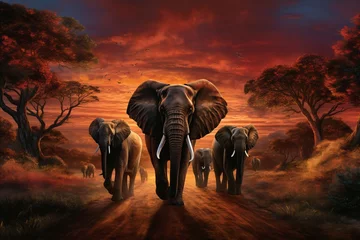 Foto op Aluminium Awe-inspiring african wilderness. majestic elephants roaming the golden savannah at sunset © Игорь Кляхин