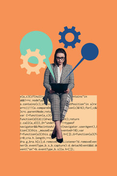 Collage image retro sketch of worker girl manager programmer data science coding app data optimization weird freak bizarre unusual fantasy