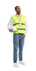 Fototapeta premium Engineer with hard hat and badge on white background