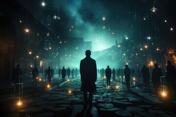 A group of individuals bravely traversing the dimly lit alleyway, guided by a single flare in the darkness, their silhouettes casting eerie shadows against the cold street below