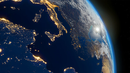 Mediterranean basin South Europe at night from space, 3D illustration - 715704999