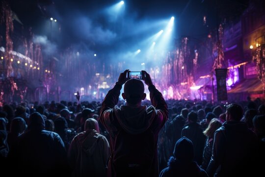 Amidst the pulsating lights and deafening cheers, a lone man captures the electrifying energy of the packed crowd at a rock concert