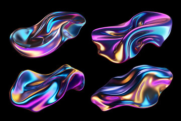 Bold holographic metal shapes isolated. Futuristic colorful melted liquid metal forms - obrazy, fototapety, plakaty
