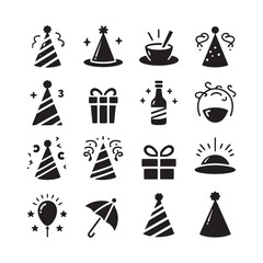 Joyful Silhouetted Soiree: A Collection of Party Hat Silhouettes Infusing Zest into the Atmosphere of Mirth - Party Illustration - Party Hat Vector - Celebration Silhouette
