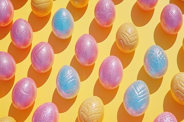 Fototapeta premium Happy Easter eggs on yellow background - Easter decoration, banner, panorama, background with copy space for text.
