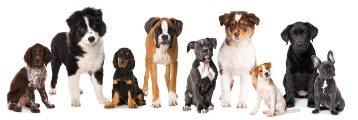 Group of breed puppies isolated on white background