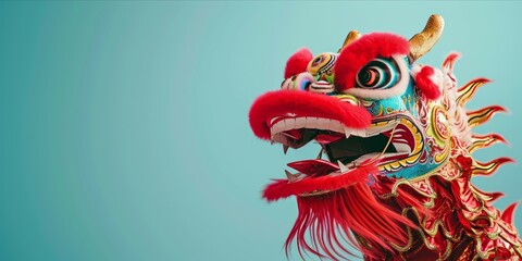 Chinese dragon statue on blue background. Chinese New Year concept. Copy space.
