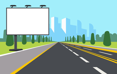 Big white banner by roadside. Road billboard. Urban building. Transport highway. Way to city. Downtown landscape. Information board. Advertising signage. Commercial placard. Vector concept