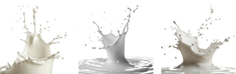 Three stages of transparent milk splashing isolated on transparent background, capturing dynamic liquid motion, ideal for dairy products and beverage advertising