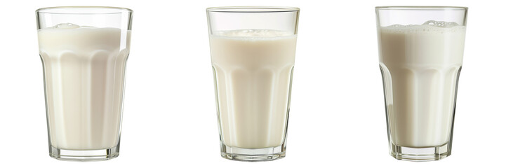 Three glasses of fresh milk with varying levels of fullness isolated on a transparent background