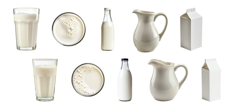 Assorted dairy milk containers and glasses isolated on a transparent background, depicting various packaging and serving options