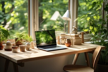 Amidst the calming greenery of indoor plants, a laptop rests on a sleek desk by the window, its screen illuminating the room with possibilities