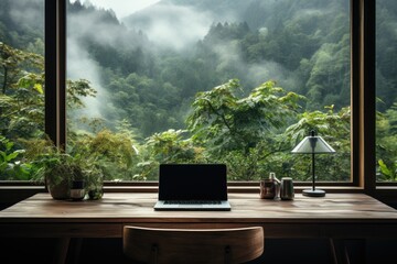 A cozy indoor office space with a laptop on a desk by a window overlooking a foggy forest, adorned with a houseplant and flowerpot, creating a tranquil atmosphere for work